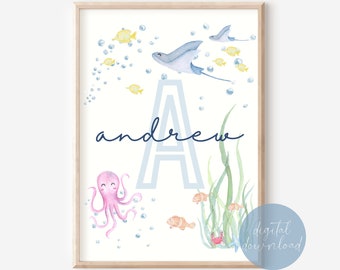 Personalized Nautical Nursery Wall Art | Sea Animals Wall Print | Ocean Nursery | Coastal Nursery Decor