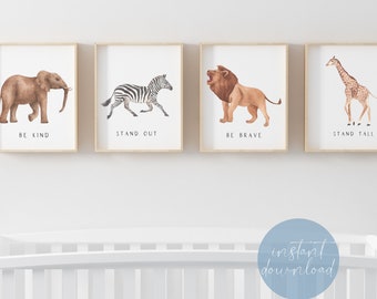 Safari Animal Nursery Wall Art Set Of Four Wall Art | Jungle Nursery Printable | Jungle Animals Print | Wild One Print