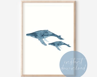 Watercolor Whales Print Digital Download, Nursery Wall Art, Kids Bedroom Decor, Nautical Nursery Decor