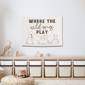 Where The Wild Ones Play Tapestry, Kids Room Wall Decor, Playroom Decor, Wilderness Nursery, Nature Kids Bedroom, Woodland Animals Decor