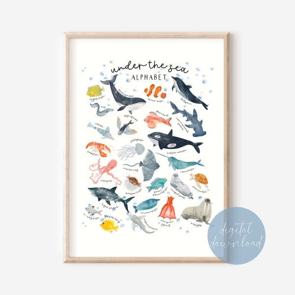 Under The Sea Alphabet Print | Beach Nursery Decor | Sea Animals Print | Educational ABC Poster | Nautical Nursery | Kids Playroom Decor