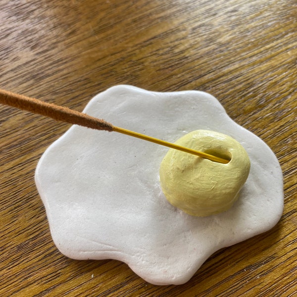 Handmade clay fried egg incense stick holder