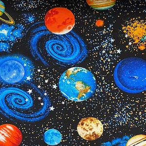 May include: A black fabric with a repeating pattern of planets, stars, and galaxies. The planets are in various colors, including blue, green, orange, and red. The stars are white and the galaxies are blue.