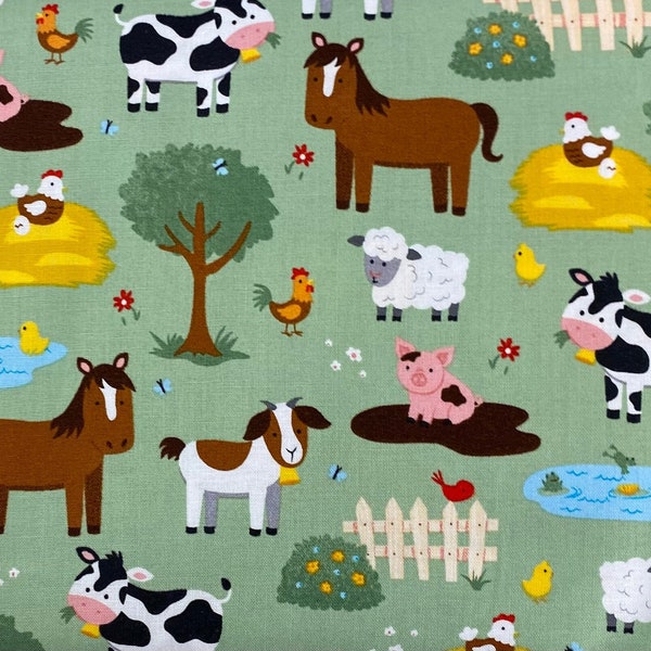 Sage Farm Animals Fabric, Trees & Fences, 100% Cotton, Quilting Fabric, Fabric by the yard, Nursery Accents Fabric