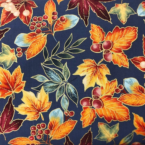 Navy Leaves Fabric, Fall Fabric, 100% Cotton, Apparel Fabric, Fabric by the yard, Home accents fabric, Seasonal & Thanksgiving
