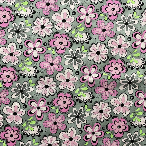 Pink & Gray Madison Floral Fabric, Flowers Fabric, 100% Cotton, Quilting Fabric, Fabric by the yard, Apparel Fabric, Botanical-Garden