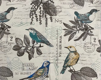 Natural & Turquoise Lansing Breeze Fabric, Birds Fabric, 100% Cotton, Duck Cloth, Home accents fabric, Fabric by a yard, Accessories Fabric