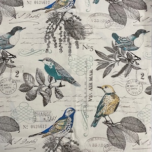 May include: A white fabric with a repeating pattern of blue and green birds perched on branches. The background is a cream color with a vintage, handwritten script and postage stamps. The text on the stamps includes "Charge N 235", "No 0424617", "Via Air Mail", and "N 5".