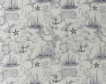 White & Navy Nautical Map Cotton Calico Fabric, World Print, Quilting, By the yard, Home accents
