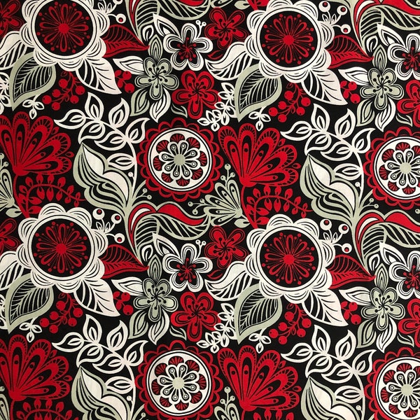 Floreo Floral Fabric, Flowers Fabric, 100% Cotton, Apparel Fabric, Fabric by the yard, Accessories Fabric, Black, Red & White Colored