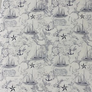 White & Navy Nautical Map Fabric, Old World Map Fabric, 100% Cotton, Apparel Fabric, Fabric by the yard, Home accents fabric, Ships-Anchors