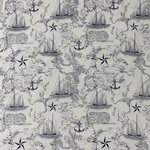 White & Navy Nautical Map Fabric, Old World Map Fabric, 100% Cotton, Apparel Fabric, Fabric by the yard, Home accents fabric, Ships-Anchors
