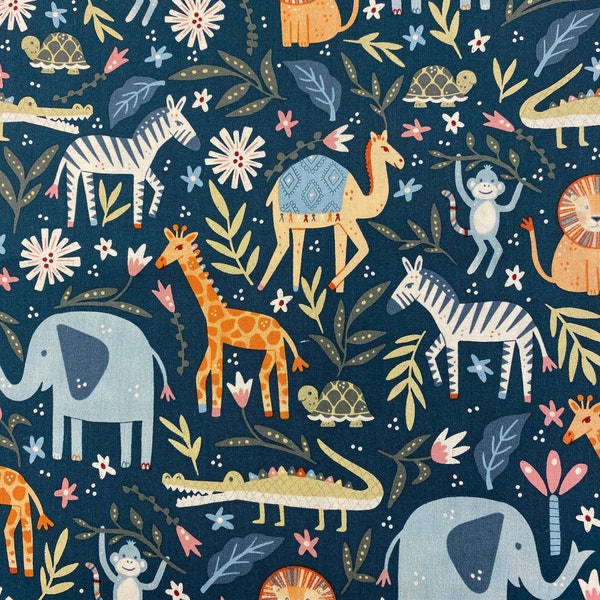 Animal Kingdom Print, Jungle Fabric, 100% Cotton, Quilting Fabric, Fabric by the yard, Zoo Animals, Apparel Fabric