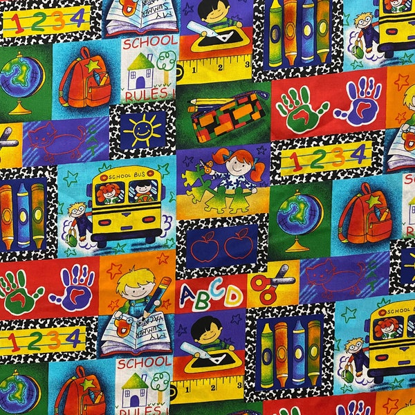 School Fabric, Cotton Fabric, Kids Fabric, ABC Fabric, Kinder Fabric, Patch Fabric, Learning Fabric, Fabric by the yard, Colorful Fabric