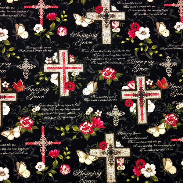 Amazing Grace Fabric, Religious Christian, 100% Cotton, Quilting Fabric, Fabric by the yard, Apparel Fabric, Versus & Scripts