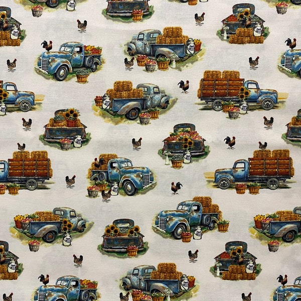 Blue Farm Truck Fabric, Chickens & Hay, 100% Cotton, Quilting Fabric, Fabric by the yard, Home accents fabric, Vintage Style
