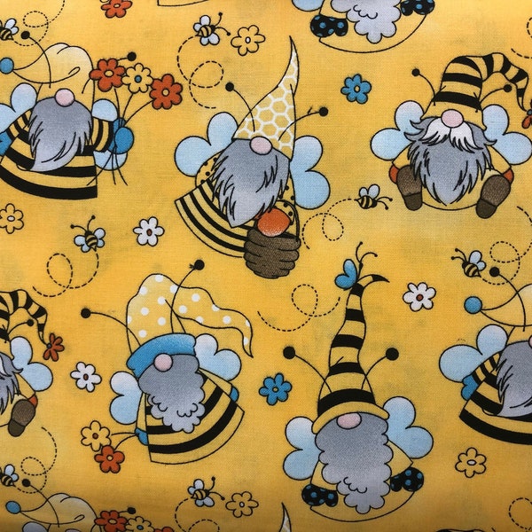 Bee Gnomes Fabric, Flowers Fabric, 100% Cotton, Quilting Fabric, Fabric by the yard, Apparel Fabric, Yellow Print