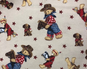 Cowboy Teddy Bear Flannel Fabric, Puppy & Stars, 100% Cotton, Baby Blankets Fabric, Fabric by the yard, Nursery Accents Fabric