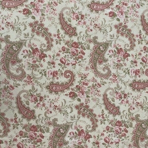 Rose Paisley Fabric, Motif Fabric, 100% Cotton, Apparel Fabric, Fabric by the yard, Quilting Fabric, Pink, Olive Green & Ivory colored