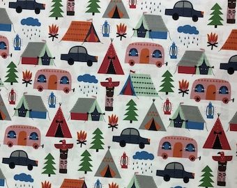 Camping Print Cotton Fabric, Campers, Tents, Travel Fabric