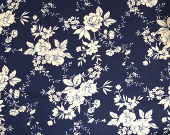 Porcelain Floral Fabric, Flowers Fabric, 100% Cotton, Quilting Fabric, Fabric by the yard, Apparel Fabric, Navy Blue & Light Shading Colored