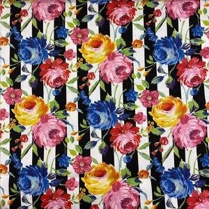 Floral Striped Fabric, Flowers Fabric, 100% Cotton, Duck Floral Striped Fabric, Flowers Fabric, 100% Cotton, Duck
