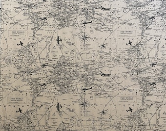 World Map Cotton Duck Cloth Fabric, Air Traffic Print, Tote Bags, Crafts, By the yard