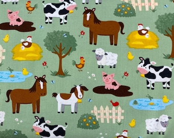 Sage Farm Animals Cotton Fabric, Nursery Quilting Fabric