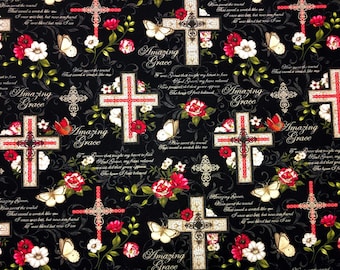 Amazing Grace Fabric, Religious Christian, 100% Cotton, Quilting Fabric, Fabric by the yard, Apparel Fabric, Versus & Scripts