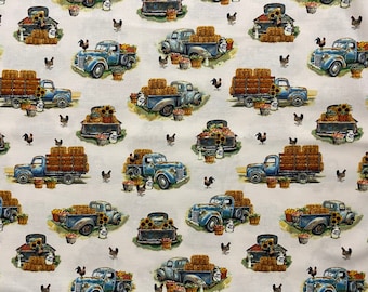 Blue Farm Truck Cotton Calico Fabric, Chickens & Hay, Quilting, Home Accents, Fabric by the yard