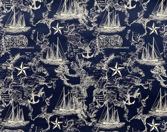 Navy Nautical Map Cotton Cotton Calico Fabric, Ships & Anchors, Quilting, Home Accents, By the yard