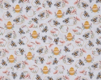 Embroidered Bees Fabric, Bumblebees Fabric, 100% Cotton, Quilting Fabric, Single-Sided, Fabric by the yard, Apparel Fabric,