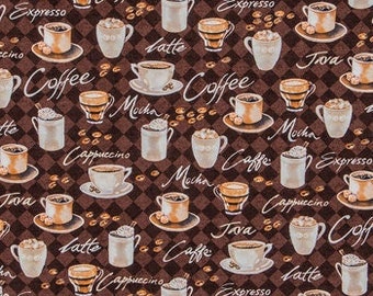 Coffee Print Cotton Calico Fabric, Latte Expresso, Quilting, Home Accents, Fabric by the yard