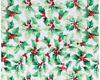 May include: A white background with a repeating pattern of green holly leaves and red berries.