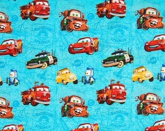 Vroom Cotton Calico Fabric, Fire Truck, Race Car, Bright Blue Map