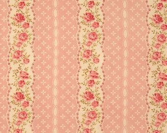 Pink & Cream Floral Striped Cotton Calico Fabric, Quilting, Home Accents, Fabric by the yard