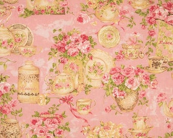 Rose Garden Tea For Two Pink Fabric, Teacups Fabric, 100% Cotton, Apparel Fabric, Fabric by the yard, Home accents fabric,