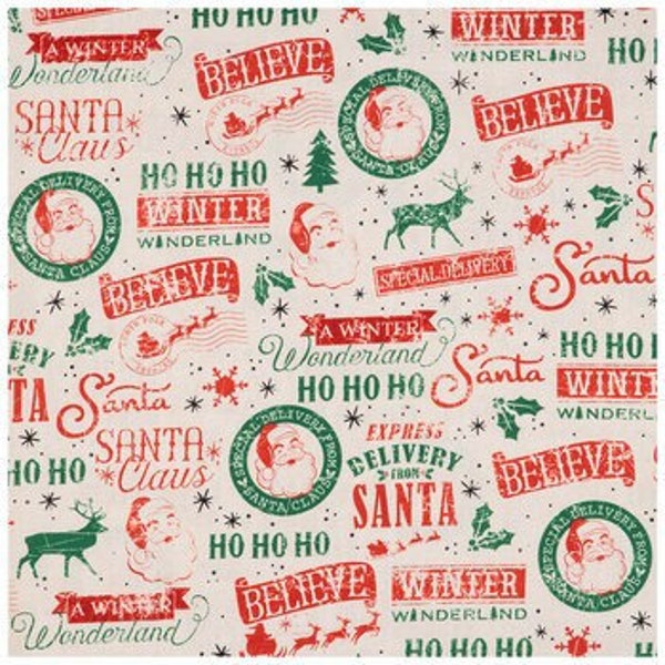 Vintage Graphics Fabric, Christmas Fabric, 100% Cotton, Duck Cloth, Stockings Fabric, Tree Skirts Fabric, Seasonal Fabric