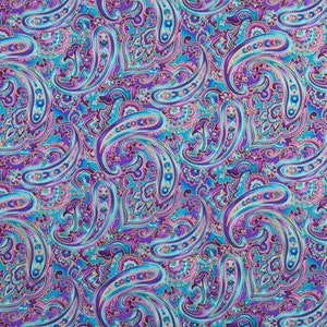 Blue & Purple Paisley Fabric, Metallic Gold Floral, 100% Cotton, Quilting Fabric, Fabric by the yard, Apparel Fabric