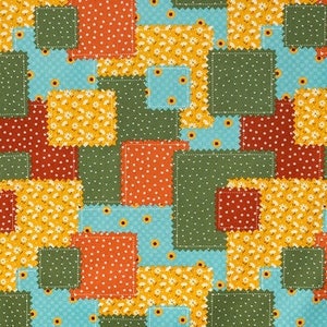 May include: A patchwork pattern featuring squares and rectangles in various colors and patterns. The design includes teal, orange, yellow, green, and red fabrics with polka dots and floral prints. The edges of the fabric pieces have a zig-zag stitch.