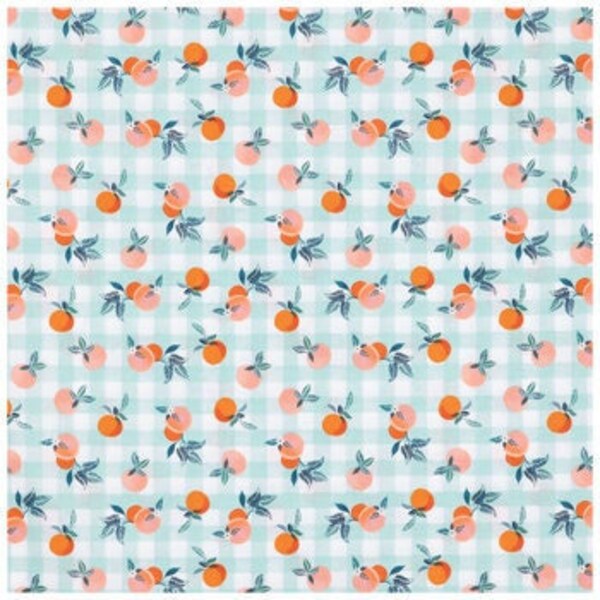 Gingham & Peaches Fabric, Fruits Fabric, 100% Cotton, Apparel Fabric, Fabric by the yard, Accessories Fabric, Sage, Orange, Peach Colored