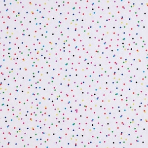 May include: White fabric covered in a random pattern of small, colorful dots. The dots are in various colors, including red, blue, green, and yellow, creating a playful and vibrant design. The fabric appears to be a lightweight material.