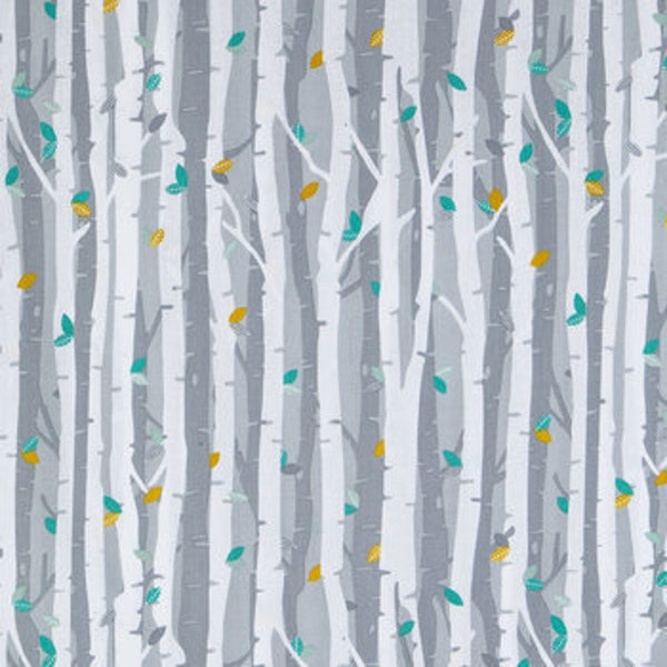 Birch Forest Fabric, Trees Fabric, 100% Cotton, Quilting Fabric, Accessories Fabric, White, Gray, Teal & Lime Green Colors