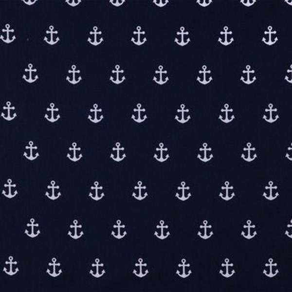 White Anchor on Navy Fabric, Nautical Fabric, 100% Cotton Fabric, Apparel Fabric, Fabric by the yard, Quilting Fabric, Sailing & Journey