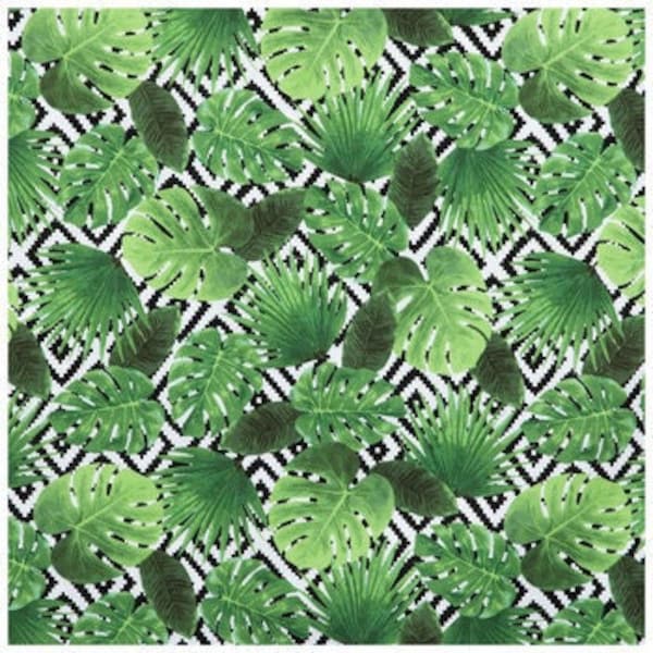 Tropical Leaves On Geometric Fabric, Pattern Fabric, 100% Cotton, Quilting Fabric, Fabric by the yard, Apparel Fabric, Grass Style