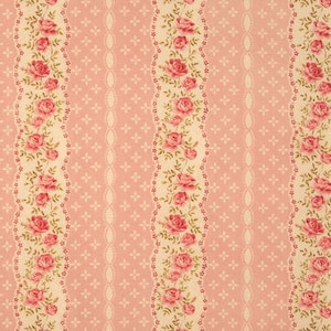 Pink & Cream Floral Striped Fabric, Flowers Fabric, 100% Cotton, Accessories Fabric, Fabric by the yard, Quilting Fabric