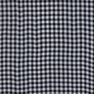 May include: Black and white gingham fabric with a subtle sheen. The fabric has a fine weave and a smooth texture.