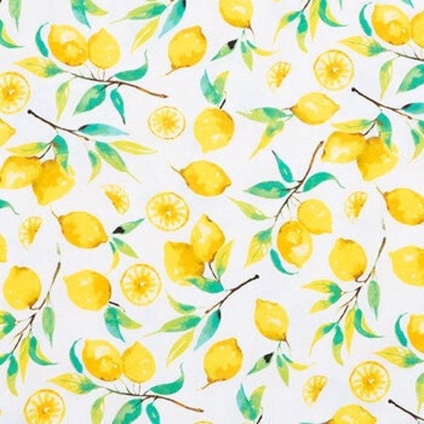 Painterly Lemons Knit Fabric, Fruit Fabric, Cotton & Spandex, Apparel Fabric, Fabric by the yard, Accessories Fabric, Soft Pliability