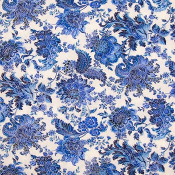 Floral & Paisley Fabric, Flowers Fabric, 100% Cotton, Apparel Fabric, Fabric by the yard, Accessories Fabric, White-Blue Colored