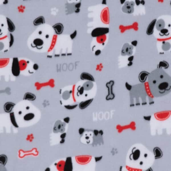 Gray, White & Red Dogs Fabric, Fleece Fabric, 100% Polyester, Blankets Fabric, Fabric by the yard, Quilting Fabric